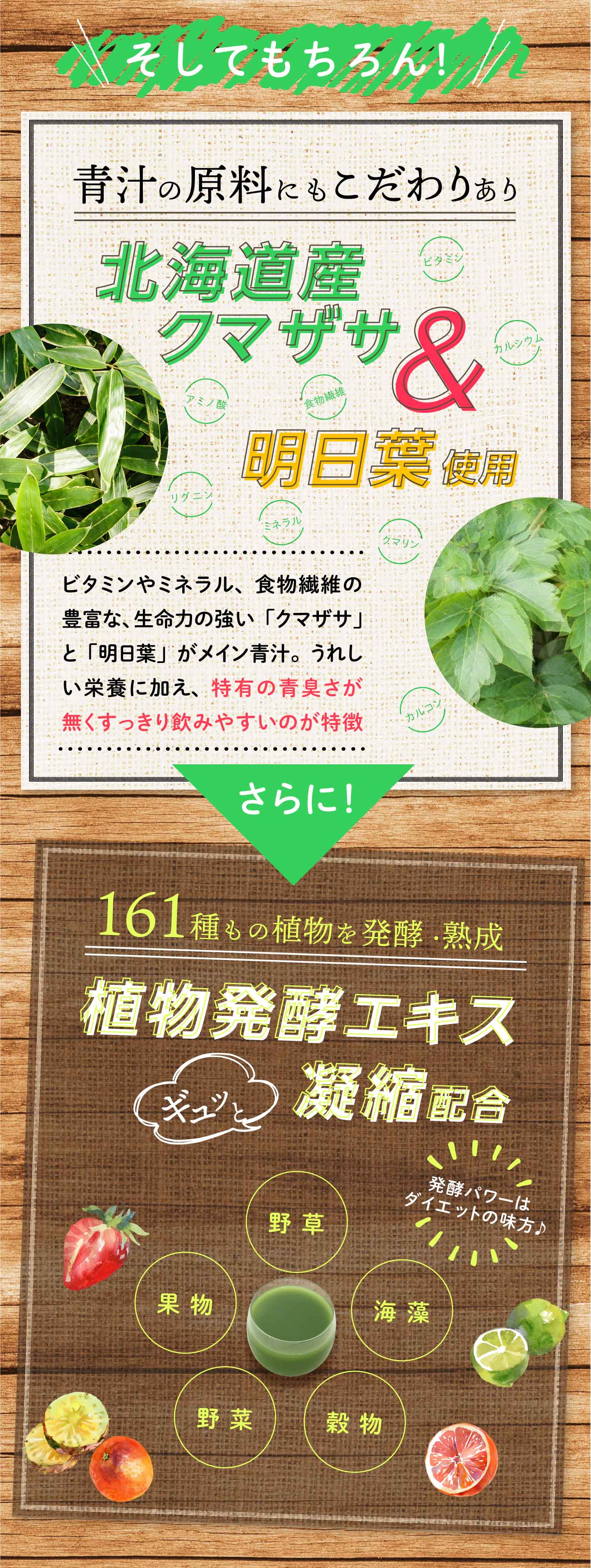 リファータ フルーツと野菜のおいしい青汁は、北海道産クマザサと明日葉使用。さらに！161種もの植物から発酵・熟成したエキスを凝縮配合